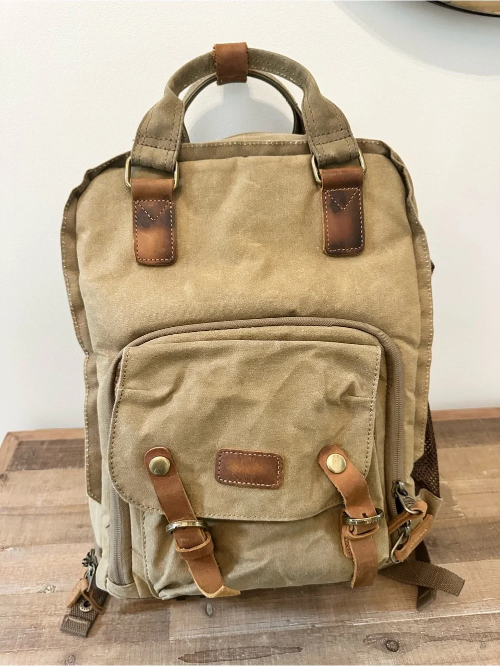 Waxed Canvas Camera Case Waterproof Travel Backpack Laptop Leather Trim Khaki